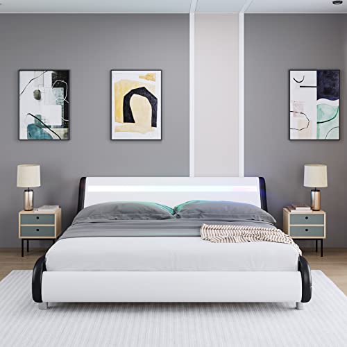 Deluxe Faux Leather Upholstered Platform Bed Frame with LED Headboard
