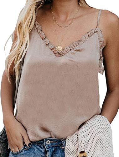 Hilltichu Women's V-Neck Ruffle Camisole Adjustable Spaghetti Strap Tank Top