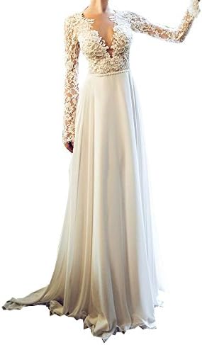 Topashe Women's Boho Beach Lace Long Sleeve Backless Chiffon Western Wedding Dress For Bridal 2018 US14