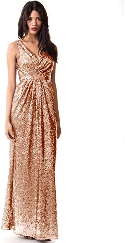 Miss Mint Women's Sleeveless Deep V Neck Sequined Evening Gown Ruched Bodice (2, Rose Gold)