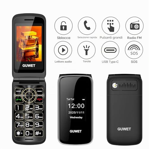 Guwet 2G Mobile Phone for Elderly with Big Buttons, Flip Phone, SOS Function, 1600mAh Battery, 2.4"+1.77" Dual Display, Dual SIM with Dual Standby, Black