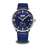 Men's Unique Quartz Analog Casual Classic Waterproof Dress Wrist Business Watch with Quartz Analog Dial and Seconds Sub-dial Leather Strap - Blue