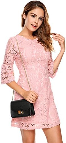 FineFolk Women's Floral Lace 3/4 Flare Bell Sleeve Cocktail Party A-Line Mini Dress