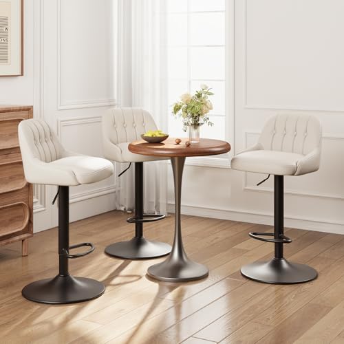 MALOL BAR STOOLS SET OF 3, SWIVEL BAR CHAIRS, MODERN ADJUSTABLE PU LEATHER UPHOLSTERED BARSTOOLS COUNTER HEIGHT WITH TUFTED BACK FOR BAR, KITCHEN COUNTER ISLAND, DINING ROOM, BEIGE