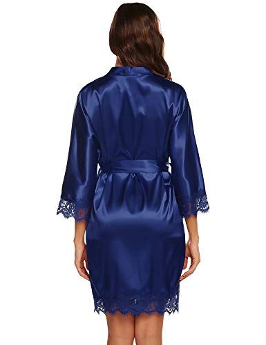 URRU Silk Stain Pure Kimono Wedding Dressing Gown Kimono Robes Bridal Lingerie Sleepwear Navy Blue S - Thumbnail 3