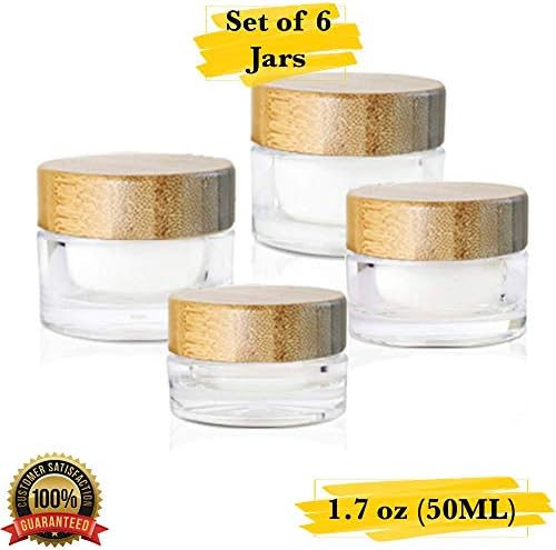 MM Packaging Luxury Cosmetic Jar, Acrylic Round Jars, Refillable Containers, 1.7 oz (50 ml) with Lids. (Set of 6, Bamboo Cap)