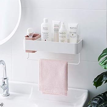Bathroom Organizers Adhesive Shelf Storage with Towel Bar, Wall Mounted Floating Shelves Corner Suction, Shampoo Shower Caddy Rack, Pink
