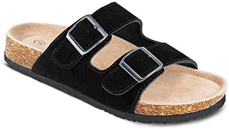 TF STAR Women’s Arizona Cow Suede Leather Flat Sandals,2-Strap Adjustable Buckle,Casual Slippers,Slide Cork Footbed Shoes for Women/Ladies/Girls