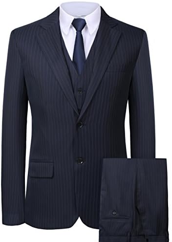 CMDC Men's 3 Pieces Business Suits Slim Fit Stripe Blazer Jacket Vest Pants Set SI137 (Darkblue,36)