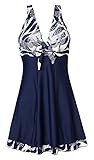 MiYang Women's One Piece High Waist Printing Swim Dress Swimwear,Navy Flower,Medium(US size:8-10)