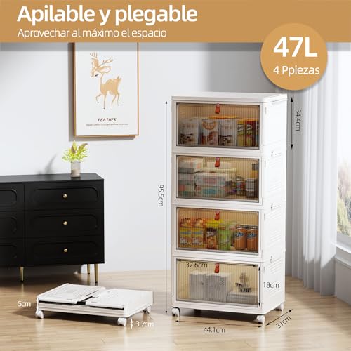 NETEL Plastic Storage Boxes, 47L 4 Units Storage Box with Lid, Plastic Folding Box, Stackable Storage Box with Wheels, Suitable for Bedrooms, Living Rooms and Kitchens
