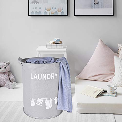 HOULIFE Laundry Basket, Oxford Fabric Collapsible Waterproof Laundry Hamper Bag Storage Basket with Handles Foldable Round Home Organizer Laundry Bin for Baby Nursery Storage Toys (Gray)