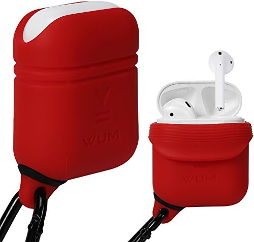 WUM Silicone Waterproof Case Protective Cover for Apple Airpods Battery Charging Case with Keychain Red