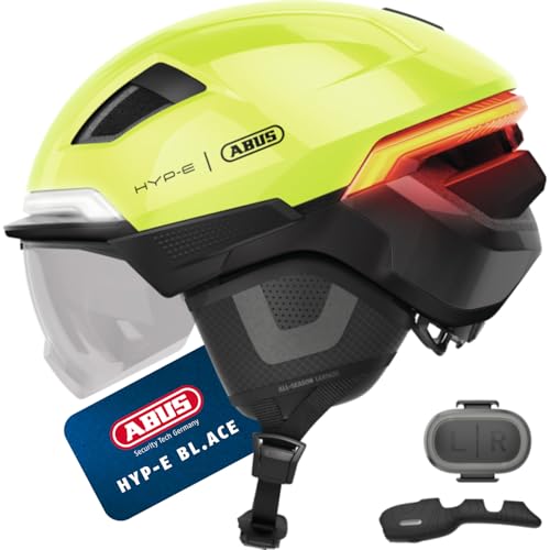 ABUS Fahrradhelm HYP-E BL.ACE - mit Front-, Rück- und Blinklicht sowie kabellos zu aktivierendem Bremslicht - mit Visier (klar) und Ohrenschützern - f