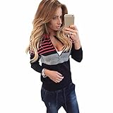 GBSELL Women Sexy Long Sleeve Spell Color Stripes Zipper Tops Shirt Blouse Coat (Black, L)