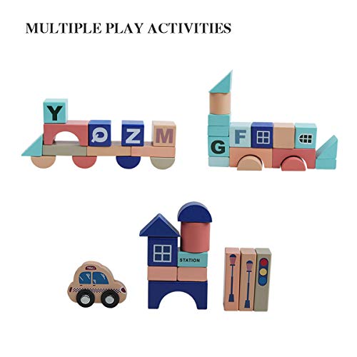 GEMEM Wooden Building Blocks Set-133 Pieces for Children Classic City Construction and Shapes Montessori Stacking Toy for Boys Girls with 48 Pieces Play Mat Puzzle