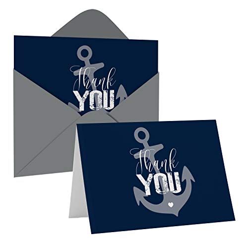 Anchor Thank You Cards (20 Pack) All Occasion Notecards with Envelopes for Showers, Wedding, Graduation, Baby Boy, Bride…