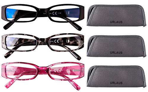 URLAUB 3 Pack Blue Light Blocking Reading Glasses, Anti Glare Computer Readers +1.25 for Women Men, Ladies Magnification Eyeglasses