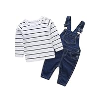 Abolai Cute Baby Boys Clothes Toddler Jumpsuit Rompers Jean Overalls Set with Stripe T-Shirt Black 70