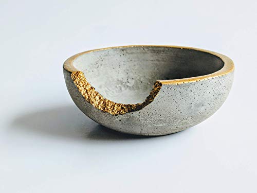 Gold Rim Small Decorative Cement Concrete Bowl for Ring and Jewelry Storage, 3 inch
