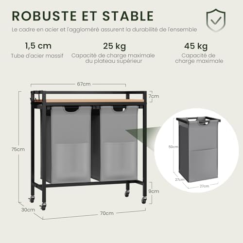Panier à Linge à 2 Compartiment, Meuble Panier à Linge sur Roulettes, 40L/Panier, Sac Amovible et Extensible, en Oxford, 70x30x71cm, Chêne Clair+Noir