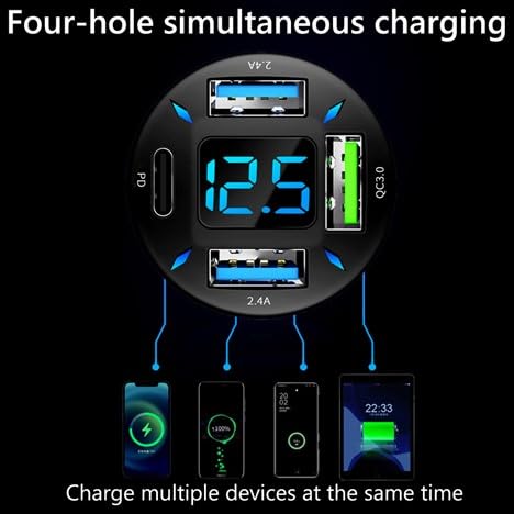 RDRKR 66W 4-PORT CAR CHARGER – PD & QC 3.0 FAST CHARGING CIGARETTE LIGHTER ADAPTER, DUAL TYPE-C + DUAL TYPE-A PORTS COMPATIBLE WITH IPHONE, ANDROID & TABLETS