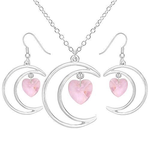 SENFAI Irish Crescent Half Moon Heart Crystal Hook Dangle Earrings Necklace Set 3 Tone