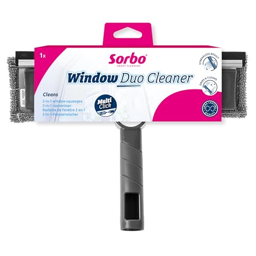 Sorbo Nettoyeur Vitres Duo - Raclette et Lave-Vitre 2 en 1 avec Manche, Microfibre Douce et Absorbante, Lame en Caoutchouc Flexible, Compatible Sorbo Multi-Click