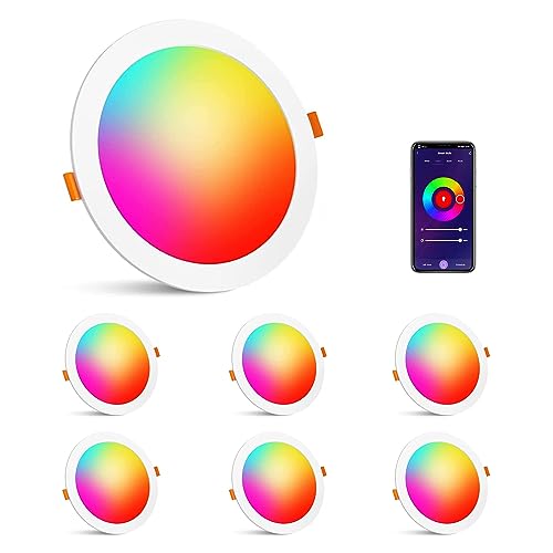 Redare LED Recessed Ceiling Lights,6 Pack 10W Dimmable Smart Downlights RGB+Warm White+Cool White,App Control,Bluetooth Mesh Spotlights 2700K-6500K for Living Room,Bedroom,Kitchen,KTV(10W 6 Pack)
