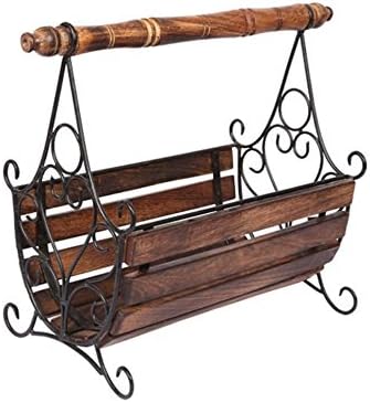 Desi Karigar Wooden and Brass Inlay Magazine Holder with Handle