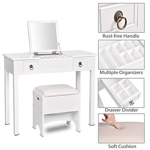 Amooly Vanity Set with Flip Top Mirror Makeup Dressing Table Writing Desk with 2 Drawers Cushioned Stool 3 Removable Organizers Easy Assembly