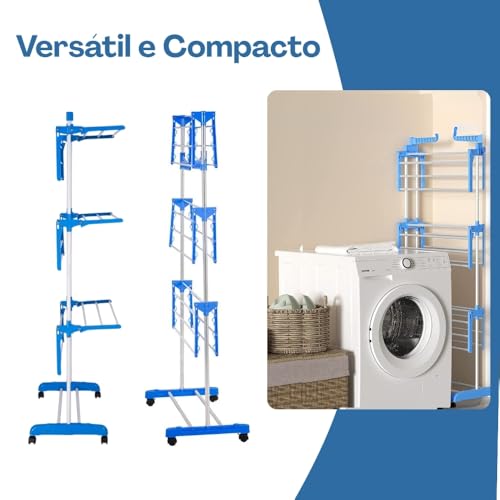 Varal de Chão Organizador Retrátil Dobrável 3 Andares Compacto e Rodinhas para Roupas Íntimas Ideal para Apartamento Premium