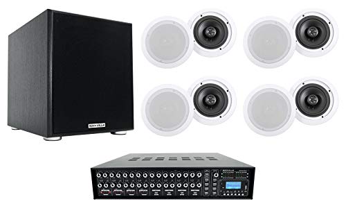 Rockville Bundle: (1) Rockville Rock Matrix Commercial Amplifier Bundle with (8) HC655 in-Ceiling Home Theater Speakers, Rock Shaker Powered Home Theater Subwoofer (10 Items)
