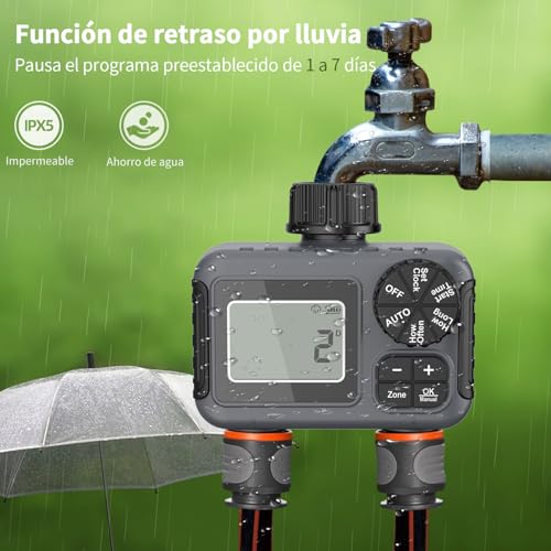 vantisan Temporizador de riego 2 Zonas Programable para Manguera 2 Salidas, con Modo automático, Manual y retardo por Lluvia para Plantas, Césped y Jardines