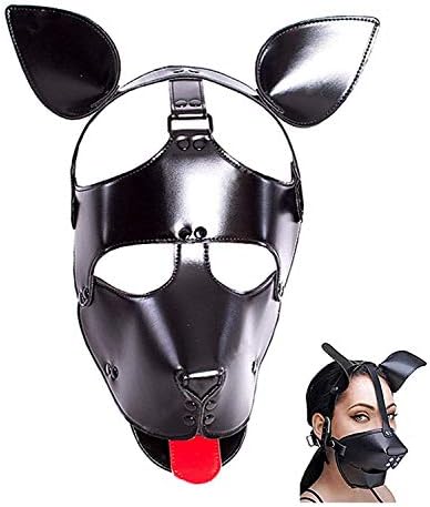 Best Choice Leather Hood Pup Puppy Play Mask Hood -Like Ears Bright Red Tongue Muzzle Fun-Shop Sec Toys,Black Muzzle