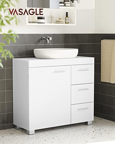 Meuble sous Lavabo, Meuble de Salle de Bain, 3 Tiroirs Latéraux, 2 Cases Derrière la Porte, pour Lavabos sur Colonne, avec Pieds, 30 x 70 x 64 cm, Blanc Nuage BBK504W01