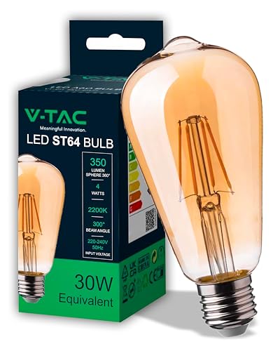 V-TAC Lampadina LED Filamento Ambrata ST64 con Attacco E27-4W (Equivalenti a 30W) - 350 Lumen - Lampadine Vintage - Massima Efficienza e Risparmio Energetico - 2200K Bianca Calda