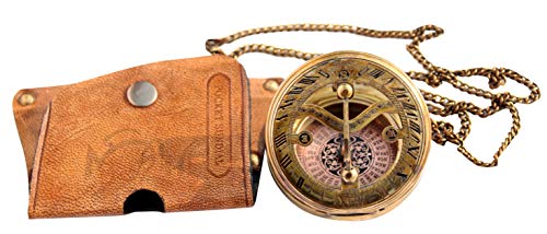 MAH Brass Sundial Compass with Leather Case and Necklace Chain - Push Open Compass - Steampunk Accessory - Antiquated Finish - Beautiful Handmade Gift -Sundial Clock C-3047