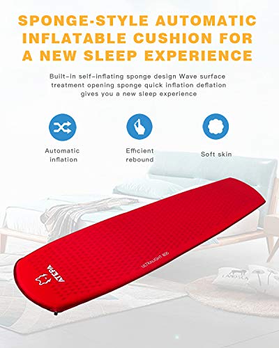 ATEPA Premium Compact Camping Pad Self Inflating Lightweight Sleeping Mat for Backpacking Hiking, TPU Coating, Comfortable, 1.4 Inch Thickness, Red - Thumbnail 2