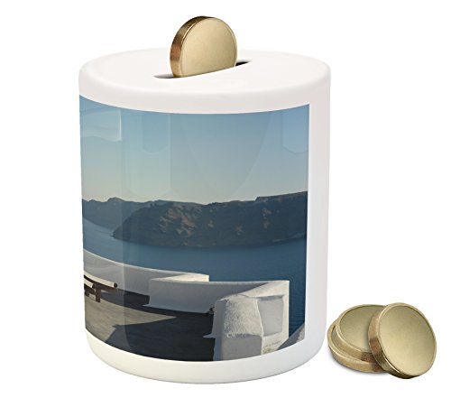 Travel Piggy Bank by Lunarable, Sunlounger at Terrace in Santorini Greece Resort Relaxation Aegean Print, Printed Ceramic Coin Bank Money Box for Cash Saving, Pale Blue White Brown