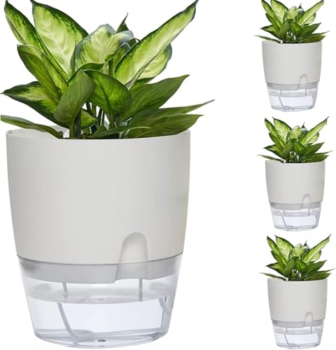 WAWASIA Self Watering Pots for Indoor Plants, 4 Pack Decorative Plant Pots with Extra Large Water Storage, Suitable for Indoor Outdoor Plants and Flowers (White, 9.3 Inch)
