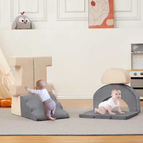 Garvee 7-Piece Toddler Climbing Toys, Indoor Soft Foam Play Blocks for Baby, Montessori Soft Play Set with Slide, Stairs & Ramp, Indoor Playground for Toddlers 1-3, Nursery & Playroom, Gray & Beige