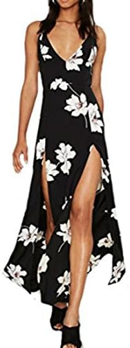 Women's Floral Spahgetti Strap Slit Maxi Dress,Alcylane Empire Waist V Neck Backless Sexy Split Maxi Dress