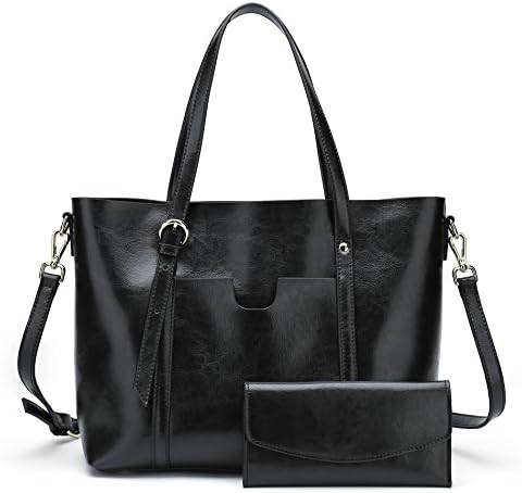 Women's Handbag Genuine Leather Tote Shoulder Bags Wallet and Handbag 2 Piece Set Genuine Bag (Black)