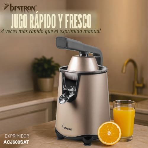 Exprimidor eléctrico, exprimidor de naranja con función de parada de boquilla y tamiz de pulpa de acero inoxidable, incluye 2 conos de 450 ml de capacidad, palanca de presión suave para un