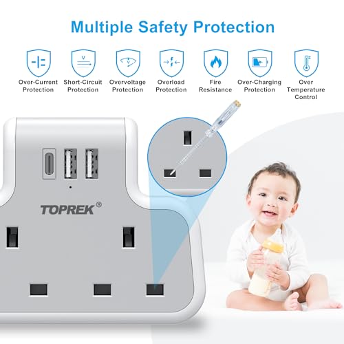 TOPREK Multi Plug Adaptor, Double Plug Adapter UK, 2USB-A & 1USB-C Extension Socket, Slim Wall Extension socket for Home, Office, Kitchen