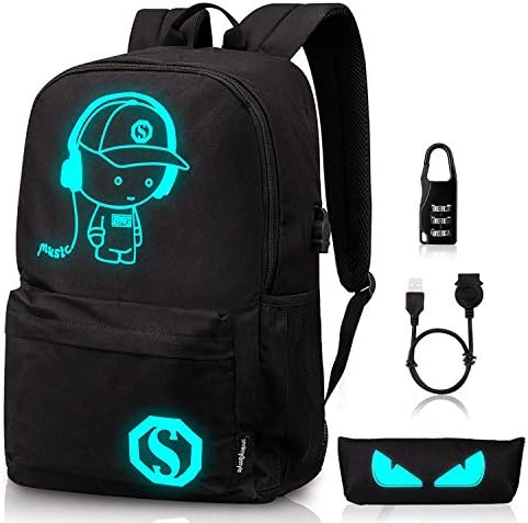 Luminous School Backpack,Ezonteq Anime Cartoon Music Boy Shoulder Laptop Travel Bag Daypack College Bookbag Night Light for Students with USB Charging Port,Lock and Pencil Case 35L (No Power Source)