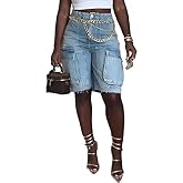 SOMTHRON Women's Denim Cargo Shorts High Waisted Straight Leg Frayed Hem Knee Length Jean Shorts with Pockets
