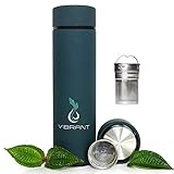 VIBRANT ALL IN ONE Travel Mug - TEA INFUSER Bottle WITH 2 PIECE STEEPER STRAINER COMBO - Insulated HOT COFFEE THERMOS - Cold FRUIT INFUSED Water - LEAK PROOF Tumbler Double wall Stainless Steel 16.9oz