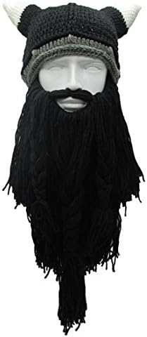 ZGZY Beard Hat Beanie Knit Pirate Original Barbarian Warrior Knit Beard Hat Halloween Viking Horns Bearded Caps Windproof Funny for Men & Women Tentacle Crochet Knit Beard Skull Cap (Black Beard)